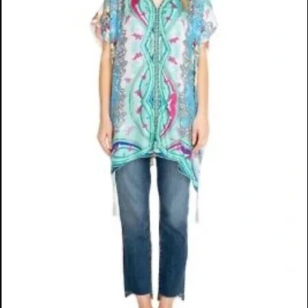 Johnny Was Leon pure SILK print tasseled top - Picture 3 of 8